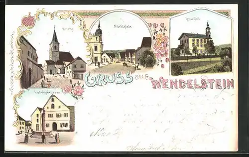 Lithographie Wendelstein, Kurhotel, Marktplatz, Ludwigsbrunnen