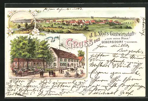 Lithographie Gebersdorf / Nürnberg, Restaurant zum roten Ross von J. L. Voit, Viadukt