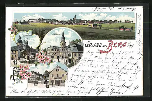 Lithographie Berg b. Hof, Geschäft v. A. Gemeinhardt, Marktplatz, Schloss Reitzenstein