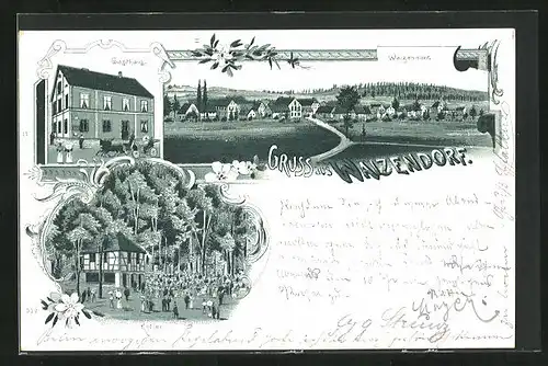 Lithographie Waizendorf, Gasthaus, Keller, Totalansicht