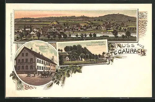 Lithographie Stegaurach, Windfelder`s Brauerei, Felsenkeller mit Siebenschläfer-Kapelle