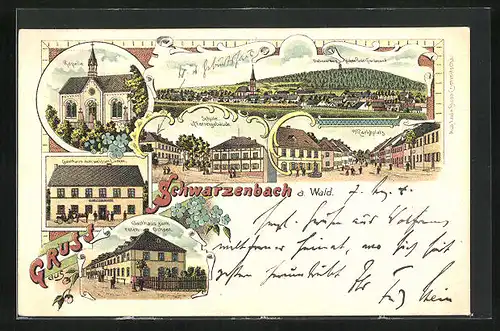 Lithographie Schwarzenbach /Wald, Gasthaus z. roten Ochsen, Marktplatz, Totalansicht