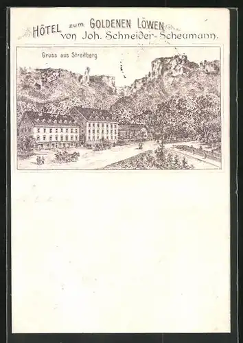 Vorläufer-Lithographie Streitberg, 1894, Hotel zum Goldenen Löwen von J. Schneider-Scheumann