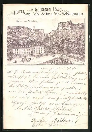 Vorläufer-Lithographie Streitberg, 1895, Hotel zum Goldenen Löwen von J. Schneider-Scheumann