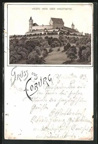 Vorläufer-Lithographie Coburg, 1893, Veste von der Westseite