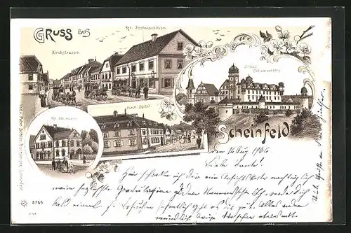 Lithographie Scheinfeld, Kirchstrasse mit Post, Fürstl. Spital, Kgl. Bezirksamt