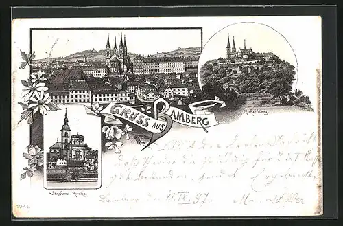 Lithographie Bamberg, Michaelsberg, Stephans-Kirche, Totalansicht