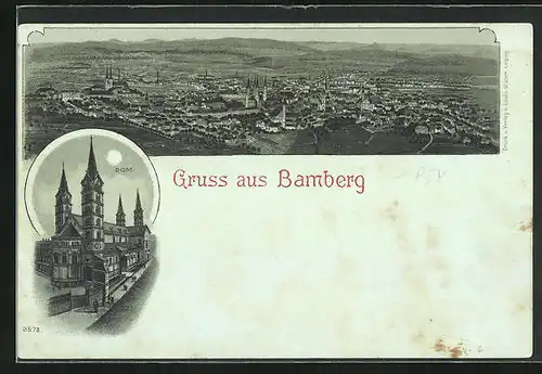 Mondschein-Lithographie Bamberg, Dom, Totalansicht mit Umgebung