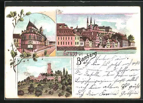 Lithographie Bamberg, Burg, Ortspartie mit Kirche