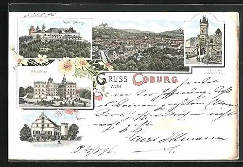 Lithographie Coburg, Ehrenburg, Thorturm, Rosenau, Veste