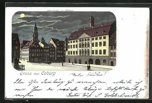 Lithographie Coburg, Marktplatz mit Rathaus