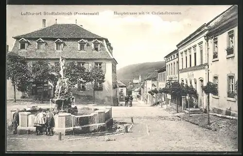 AK Stadtsteinach /Frankenwald, Hauptstrasse mit Apotheke und St. Christofbrunnen