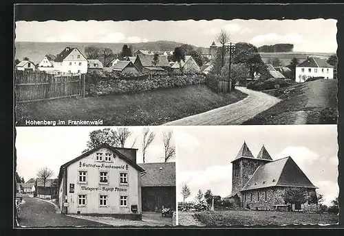 AK Hohenberg / Marktleugast, Gasthof zum Frankenwald, Kirche, Teilansicht mit Strassenpartie