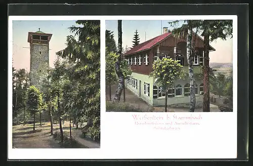 AK Weissenstein b. Stammbach, Unterkunftshaus und Aussichtsturm, Fichtelgebirge