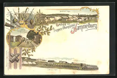 Lithographie Hammelburg, Nördliches und südliches Lager, Centrale des Lagers u. Offiziers Speise-Anstalt