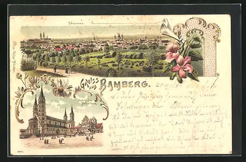 Lithographie Bamberg, Panorama, Dom und alte Hofhaltung