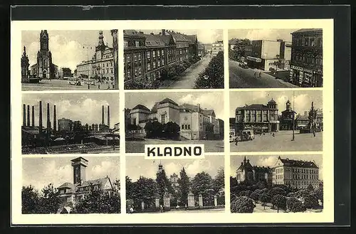 AK Kladno, Neun Ansichten aus der Stadt