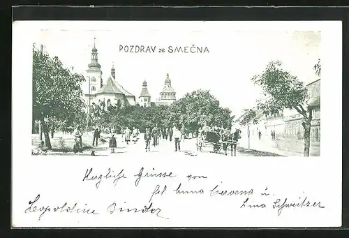 AK Smecno, Ortspartie mit Blick zur Kirche