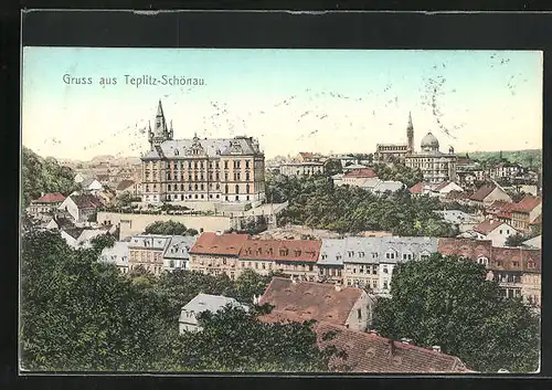 AK Teplitz Schönau / Teplice, Ortsansicht aus der Vogelschau