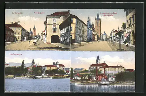 AK Leitmeritz / Litomerice, Langegasse mit der Stadtkirche und Landungsplatz