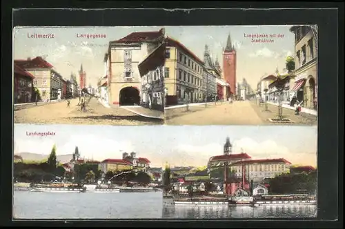 AK Leitmeritz / Litomerice, Langegasse mit der Stadtkirche, Landungsplatz