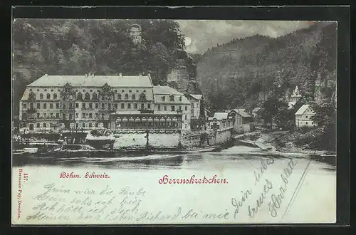 Mondschein-AK Herrnskretschen / Hrensko, Ortspartie