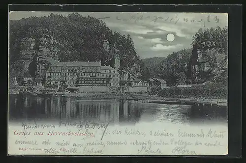 Mondschein-AK Herrnskretschen / Hrensko, Blick über das Wasser zum Ort