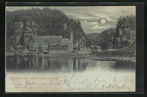 Mondschein-AK Herrnskretschen / Hrensko, Blick über das Wasser zum Ort