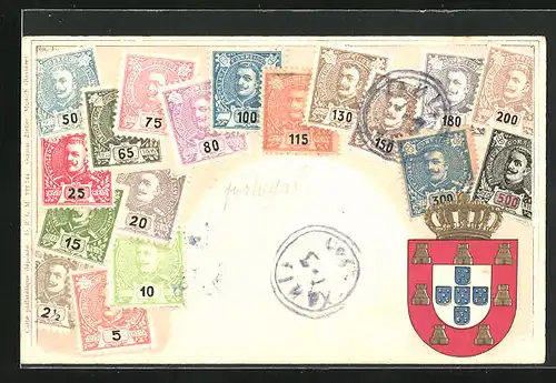 AK Briefmarken und Wappen von Portugal