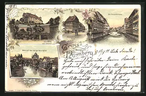 Lithographie Nürnberg, Synagoge neben dem Heiligengeist Spital, die Burg von Westen, Albrecht Dürer-Haus, Fischerbrücke