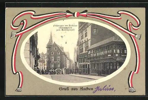 AK Aachen, Postwagen am Rathaus, Restaurant Zum Eulenspiegel