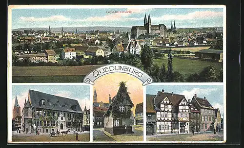 AK Quedlinburg, Ortsansicht und drei Ansichten aus der Stadt