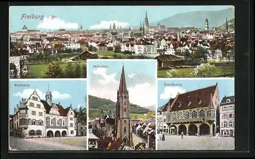 AK Freiburg i. Br., Ortsansicht, Rathaus, Münster und Kaufhaus