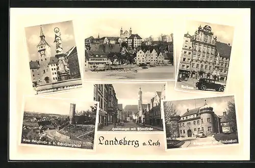 AK Landsberg am Lech, Teilansicht, Rathaus, Eingangstor zur Strafanstalt, Hinteranger mit Pfarrkirche, Marienbrunnen