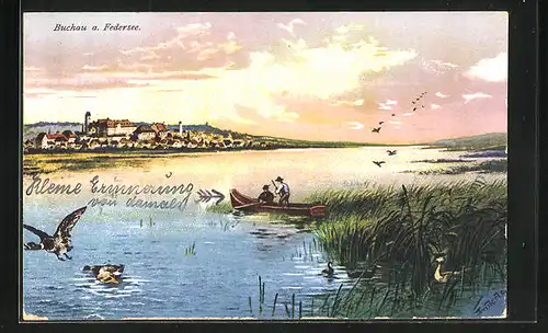 Künstler-AK Buchau am Federsee, Blick vom See zum Ort