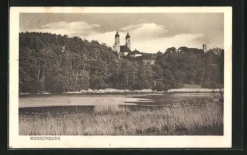 AK Roggenburg, Blick über den See zur Kirche