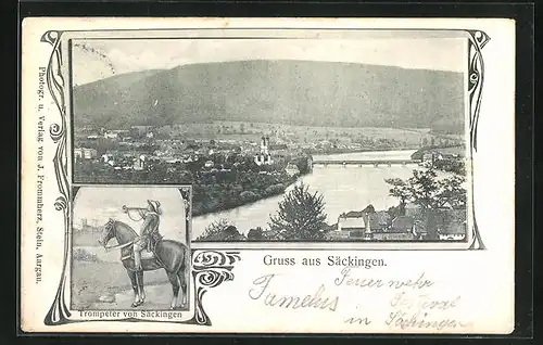 AK Säckingen, Totalansicht aus der Vogelschau und Trompeter von Säckingen