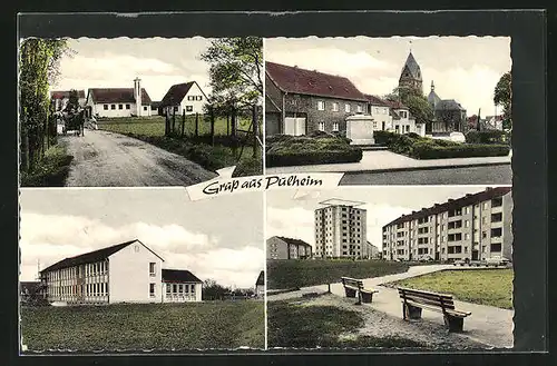 AK Pulheim, Strassenpartie, Blick zur Kirche, Wohnsiedlung