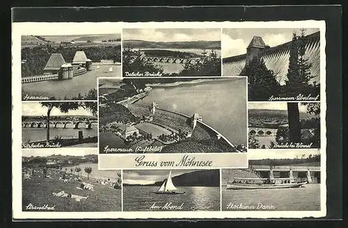 AK Möhnesee, Talsperre mit Sperrmauer, Strandbad, Stockumer Damm