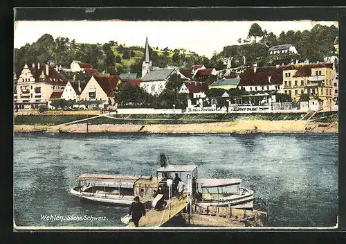 AK Wehlen / Sächs. Schweiz, Uferpartie mit Hotel-Restaurant Elb-Terrasse, Dampfer an der Anlegestelle