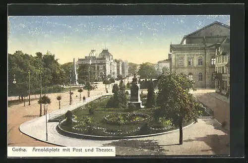 AK Gotha, Arnoldiplatz mit Post und Theater