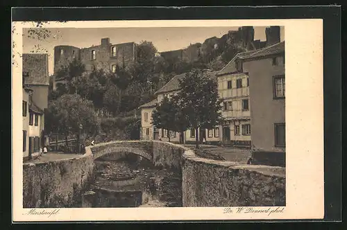 AK Münstereifel, Ortspartie mit Brücke und Burgruine