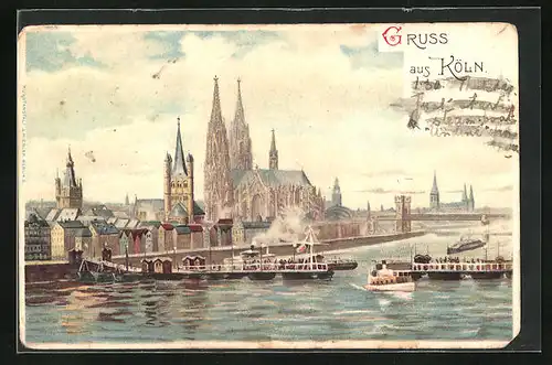 Lithographie Köln, Rheinpartie mit Kölner Dom und Dampfer an der Anlegestelle