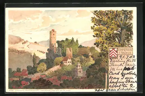 Lithographie Eppstein i. Taunus, Ortspartie aus der Vogelschau