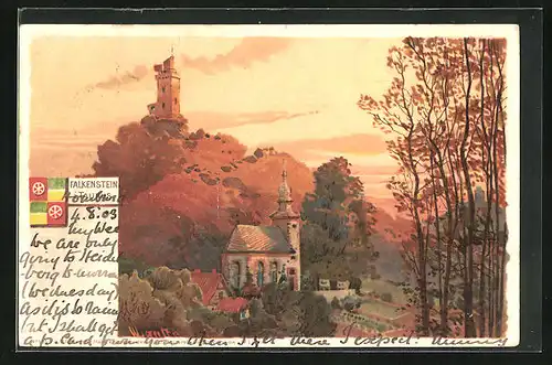 Lithographie Falkenstein i. Taunus, Ortspartie im Abendrot