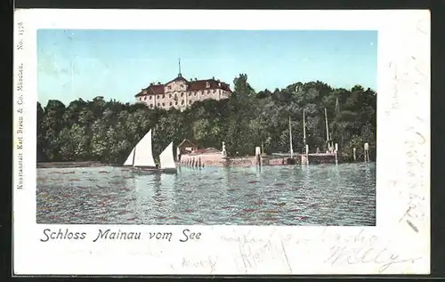 Goldfenster-AK Mainau im Bodensee, Schloss Mainau mit leuchtenden Fenstern