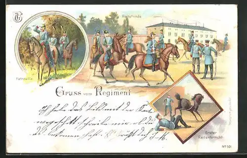 Lithographie Soldaten in ihrem Regiment bei der Reitstunde, auf Patrouille und im Reitunterricht
