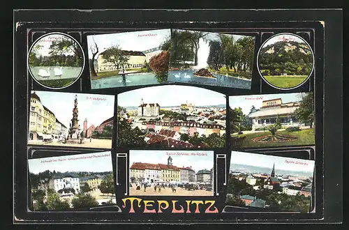 AK Teplitz Schönau / Teplice, Herrenhaus, Schlossplatz, Marktplatz, Theater Café, Schlossberg