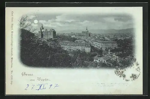 Mondschein-AK Teplitz Schönau / Teplice, Ortsansicht aus der Vogelschau