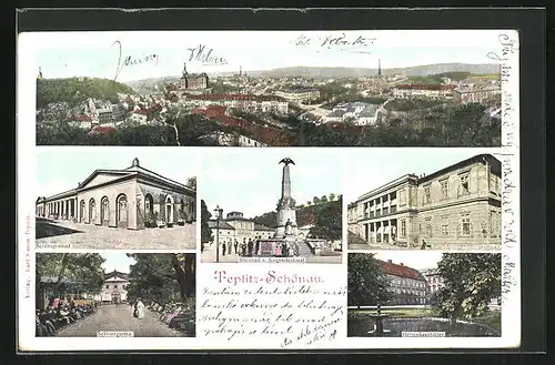 AK Teplitz Schönau / Teplice, Ortsansicht, Steinbad und Siegesdenkmal, Schlangenbad, Schlossgarten, Stadtbad